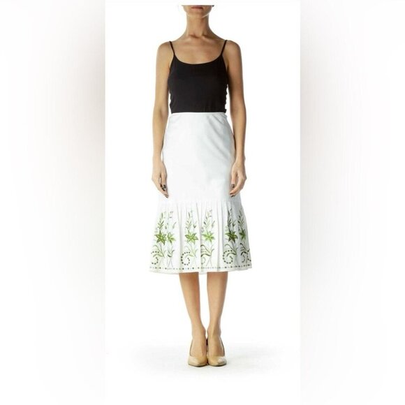 Ann Taylor White & Green Embroidered A-Line Fit and Flare Skirt Size 6 - Picture 1 of 14